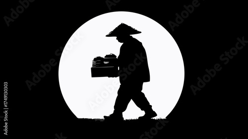 Mysterious silhouette of a person in a traditional conical hat carrying items, walking against a bright full moon at night.