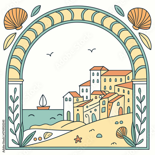 Charming coastal town illustration with seashells and a sailboat on the sea