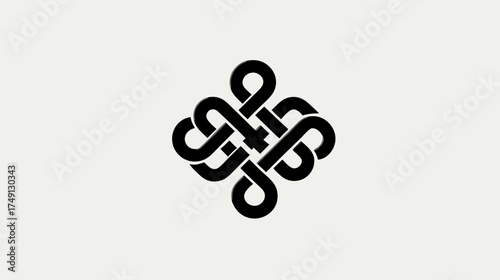 Stylized black endless knot symbol, intricate decorative design on a minimalist light background, versatile graphic resource