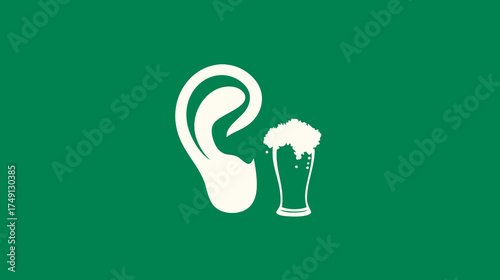 Conceptual illustration of a human ear next to a foamy beer glass, symbolizing pub culture, celebration, or good news, on a vibrant green background.