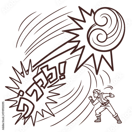 Cartoon illustration of a man dodging a powerful energy attack with speed