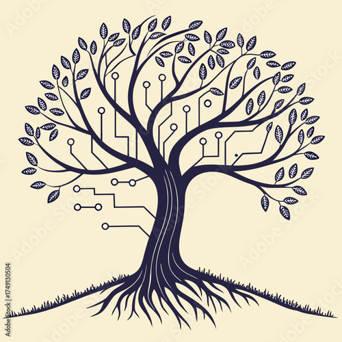 A tree with circuit board patterns and roots