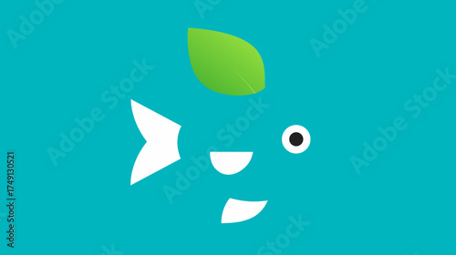 Abstract minimalist fish with a green leaf fin on a vibrant teal background. Simple vector illustration representing eco-friendly aquatic life.