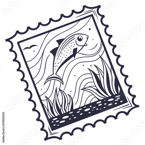 A fish leaps from the water in a stamp