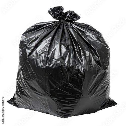 Large black garbage bag tied shut, ready for disposal, isolated