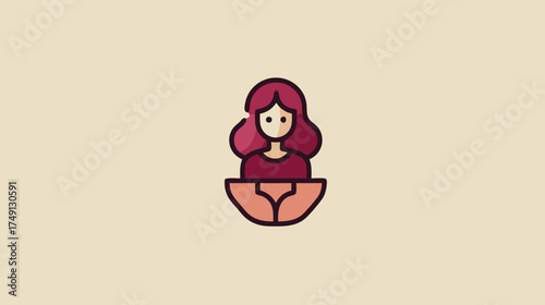 Minimalist flat design illustration of a young woman with long pink hair. Modern female avatar or user profile icon in simple vector style.