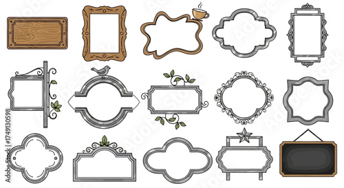 Vector illustration set of various signboard frames for cafes, restaurants, and other businesses, white background