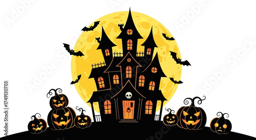 Spooky Halloween night vector illustration with a haunted house, pumpkins, bats and a full moon, white background