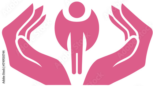 Abstract graphic: two hands cradling a stylized person icon, symbolizing care, support, protection, health, and well-being.