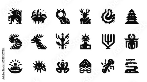 Ancient Tribal Fantasy Creature Icon Set. Stylized Mythical Beasts, Abstract Animal Silhouettes, and Nature Symbols Vector Collection