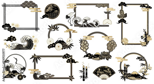 Set of Japanese style decorative frames and design elements in black and gold, white background