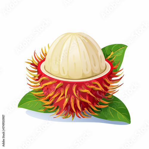 Fresh rambutan fruit with white flesh and green leaves. Ideal for tropical food, exotic fruit, or healthy design projects.
