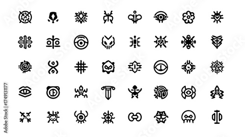 Abstract mystical vector icons collection. Ancient tribal geometric symbols, spiritual esoteric patterns, and graphic design elements set.