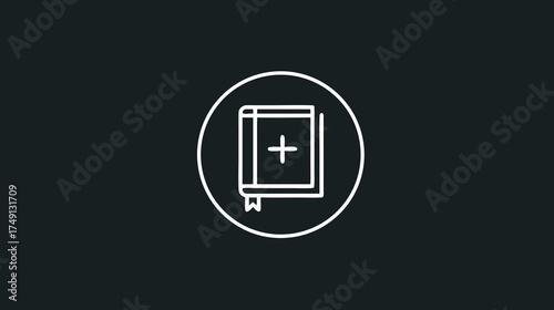 Minimalist religious book icon with Christian cross symbol, representing faith, spirituality, and divine knowledge on a dark background