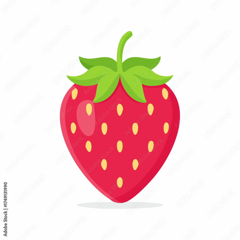 Obraz premium Vibrant red strawberry with realistic seeds and green leaves, vector illustration perfect for packaging, health, or summer themes.