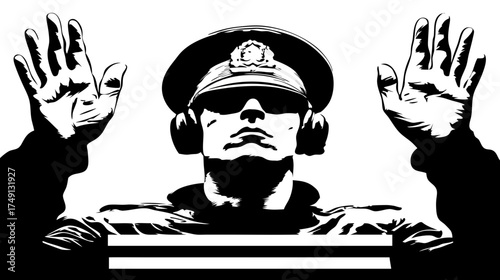 Dramatic black and white graphic illustration of a person with raised hands, wearing a cap and sunglasses, signifying stop or halt.