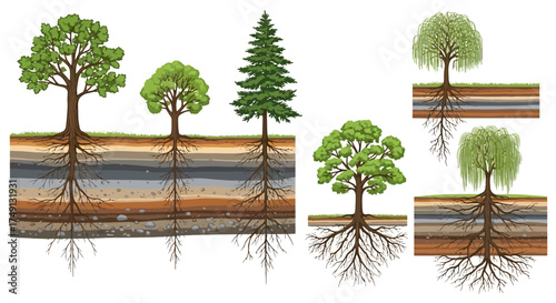 Detailed vector illustration of trees showing roots and underground layers, white background