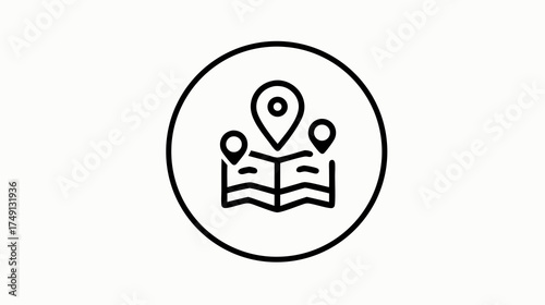 Navigation map icon with multiple location pins in a circle. Minimalist outline symbol for travel planning, route finding, and destination discovery.