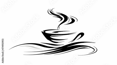 Abstract black and white illustration of a steaming hot coffee cup with elegant brush strokes, perfect for cafe designs or beverage menus.