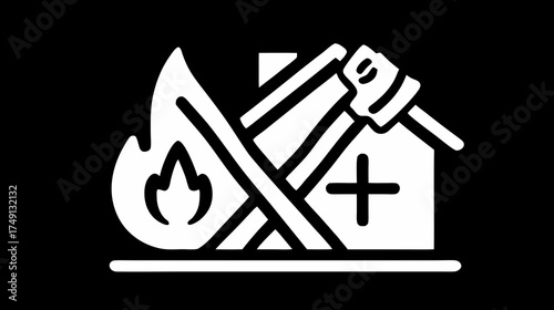 Fire emergency and home rescue icon with burning house, firefighter axe, and first aid cross symbol. Property damage safety concept.