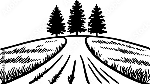 Rural landscape illustration with a winding path leading up a gentle hill crowned by three conifer trees, black and white graphic drawing