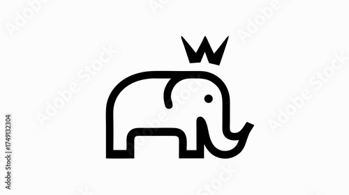 Minimalist black outline elephant with a small crown. Simple elegant animal illustration and graphic design element on a white background.