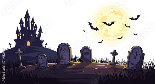 Halloween night vector illustration with castle, tombstones, bats and full moon, white background