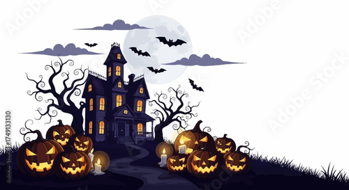 A spooky Halloween night scene featuring a haunted house, pumpkins, bats and a full moon, white background