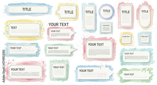 Watercolor frame set with pastel color text boxes for various purposes, white background