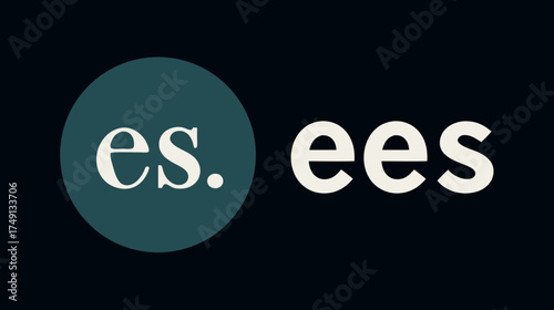 Abstract minimalist typographic design featuring initial letters 'es.' within a dark teal circle and 'ees' text on a dark background