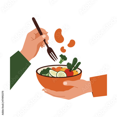 Illustration of hands holding a bowl of fresh salad with vegetables and beans, promoting healthy eating.