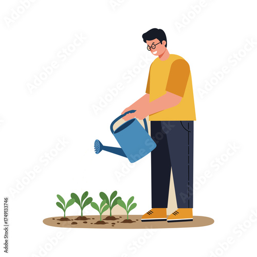 A man wearing glasses and a yellow shirt waters small plants in the garden with a blue watering can.