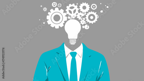 Innovative Business Concept: Person's silhouette with lightbulb head and gears symbolizing creative thinking, strategy, and solutions.