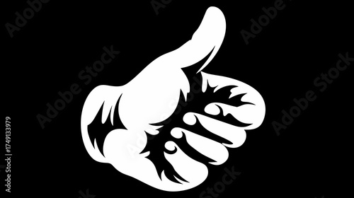White Thumbs Up Hand Gesture on Black Background - Vector Illustration of Approval, Like, Success, and Positive Feedback Icon