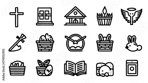 Minimalist Easter and Christian Religious Line Icons Collection. Featuring symbols like cross, church, tomb, angel, Easter eggs, bunny, and bible.