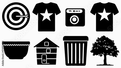 Minimalist black silhouette icon collection featuring everyday objects: target, t-shirt, washing machine, house, trash can, and tree symbols.
