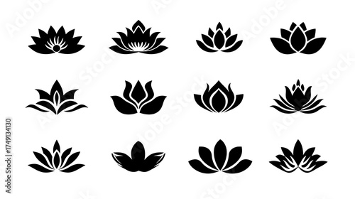 Elegant black lotus flower icons set. Collection of stylized spiritual aquatic plant symbols for yoga, beauty, and meditation design.
