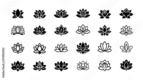 Set of diverse minimalist black and white lotus flower icons. Collection of yoga, meditation, spiritual, and wellness vector symbols, ideal for branding.