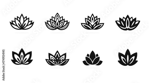 Minimalist black and white lotus flower icons set. Elegant vector symbols for yoga, meditation, spa, wellness, and beauty designs.
