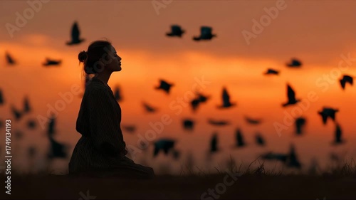 Freedom feel good and travel adventure concept. Copy space of silhouette woman on sunset sky and bird fly abstract background.