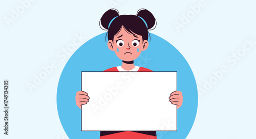 A young girl holding a blank sign while crying and looking sad and distressed.