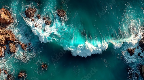 Aerial ocean view shows an azure wave crashing near dark rocky shorelines