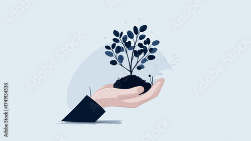 Concept of business growth, sustainable investment, and environmental protection with a hand carefully holding a young plant sapling.