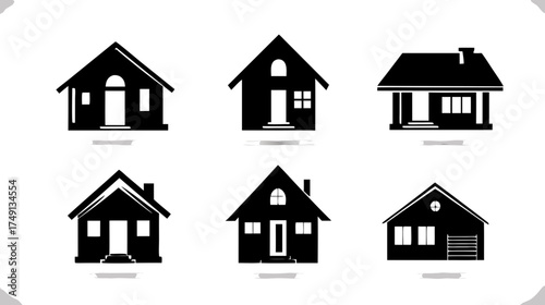 Collection of diverse house icons. Black and white vector silhouettes representing various residential buildings, homes, and architectural styles.