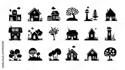Diverse black silhouette icons of houses, homes, residential buildings, trees, and natural elements. Vector graphics collection.