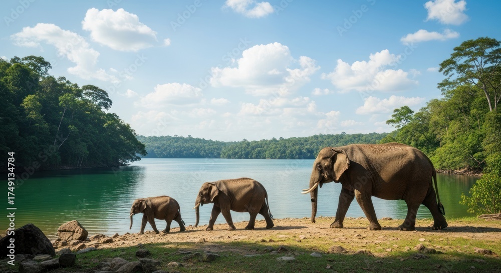Fototapeta premium Elephant Family Walking Along Lake Shore Under Cloudy Sky