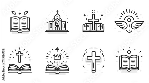 Christian religious line icons set. Collection of spiritual symbols: church, bible, holy cross, angel wings, and crown for faith design.