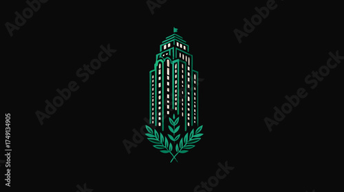 Elegant Art Deco skyscraper illustration in green and silver, featuring a classical laurel wreath on a minimalist black background