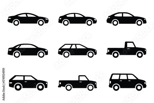 Set of 9 black silhouette car icons for vector graphics scalable eps illustration transport collection silhouette