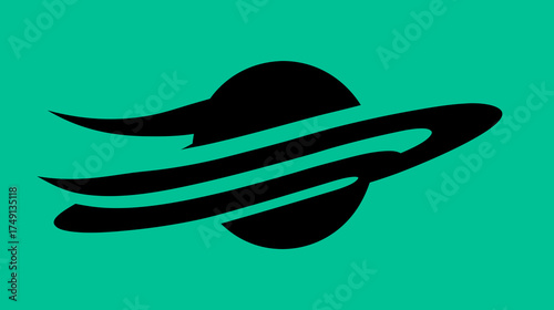 Modern minimalist black spaceship icon. Stylized flying saucer vector graphic on vibrant green background, representing futuristic travel and technology.